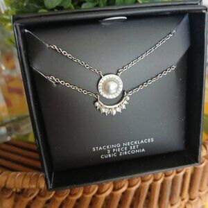 Laura Janelle silver pearl cubic zirconia 2pc stacking necklace set NEW
